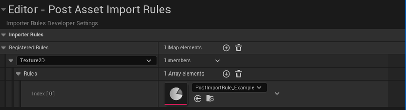 'Image of the editor settings part of the Unreal Engine Project settings showing a rules file registered to the Texture2D class.'