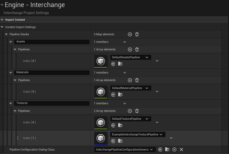 'Image of the editor settings part of the Unreal Engine Project settings showing a interchange pipeline added to the Texture array.'