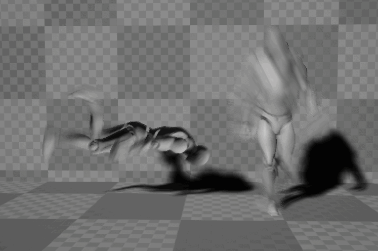 
Left: Visualization of the vertex animation being played on the character in the **Previous Frame Switch.**  
Right: Resulting motion blur as the vertices diverge from the real previous positions.
